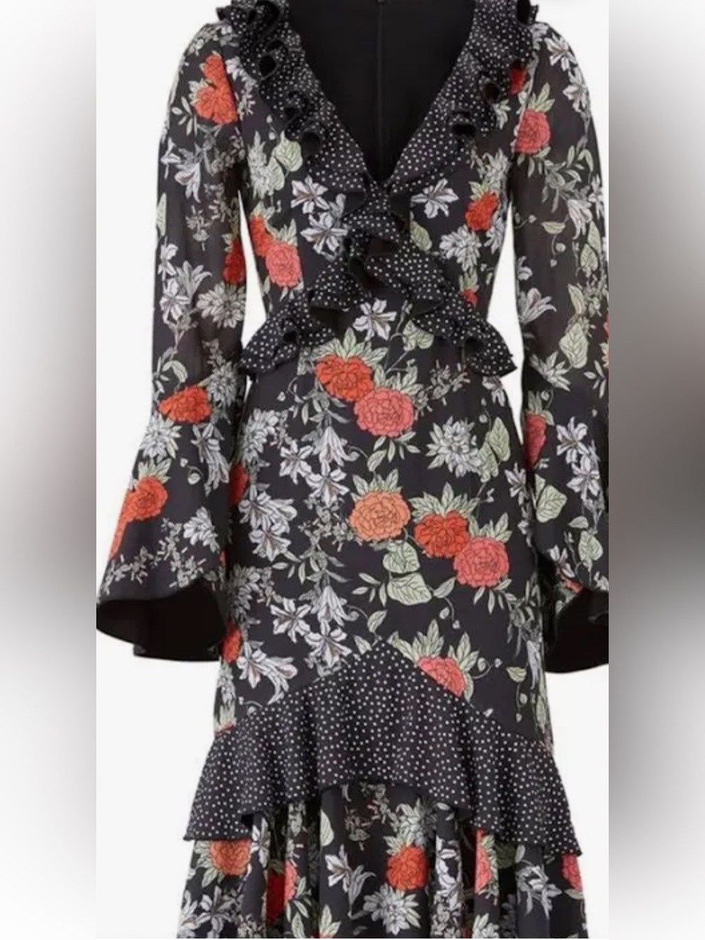 Finders Keepers Black Floral polka dot ruffle trim Astral midi Dress - Picture 1 of 9